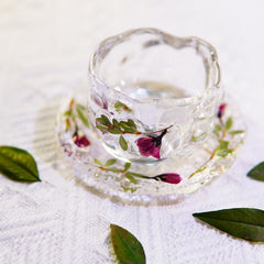 Handcrafted Glass Teacup Saucer Set â€?Real Preserved Roses, Eco Resin Floral Design