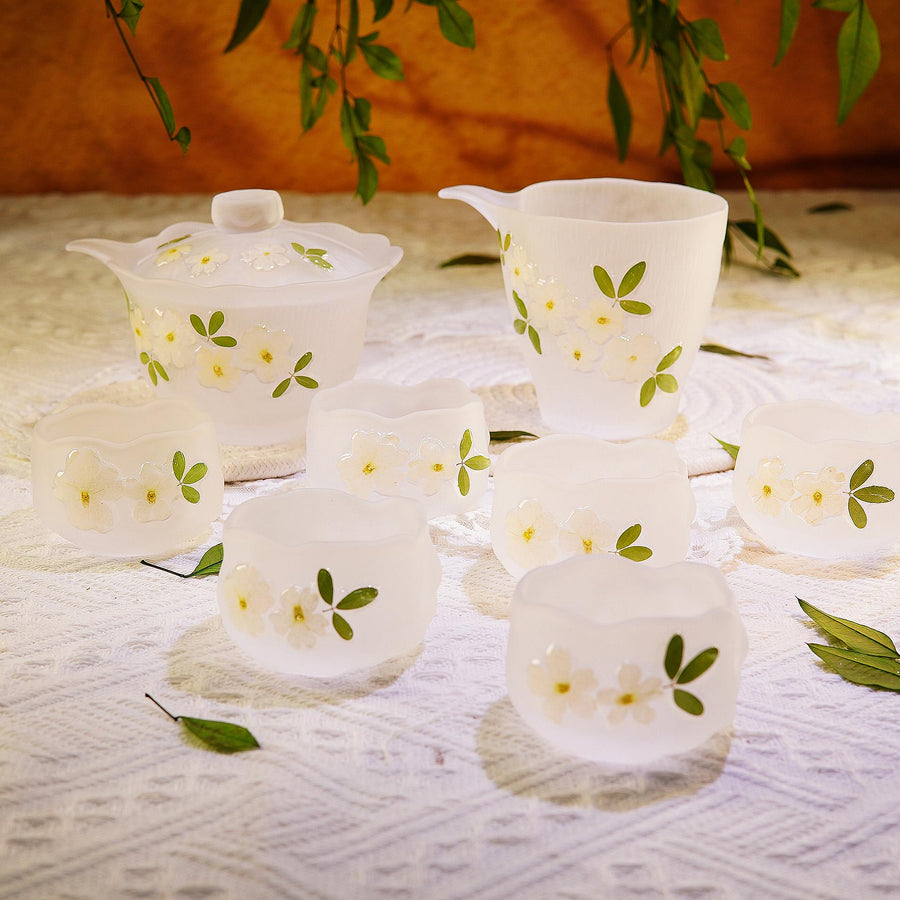Handcrafted Lotus Teapot Cup Set, Frosted Glass