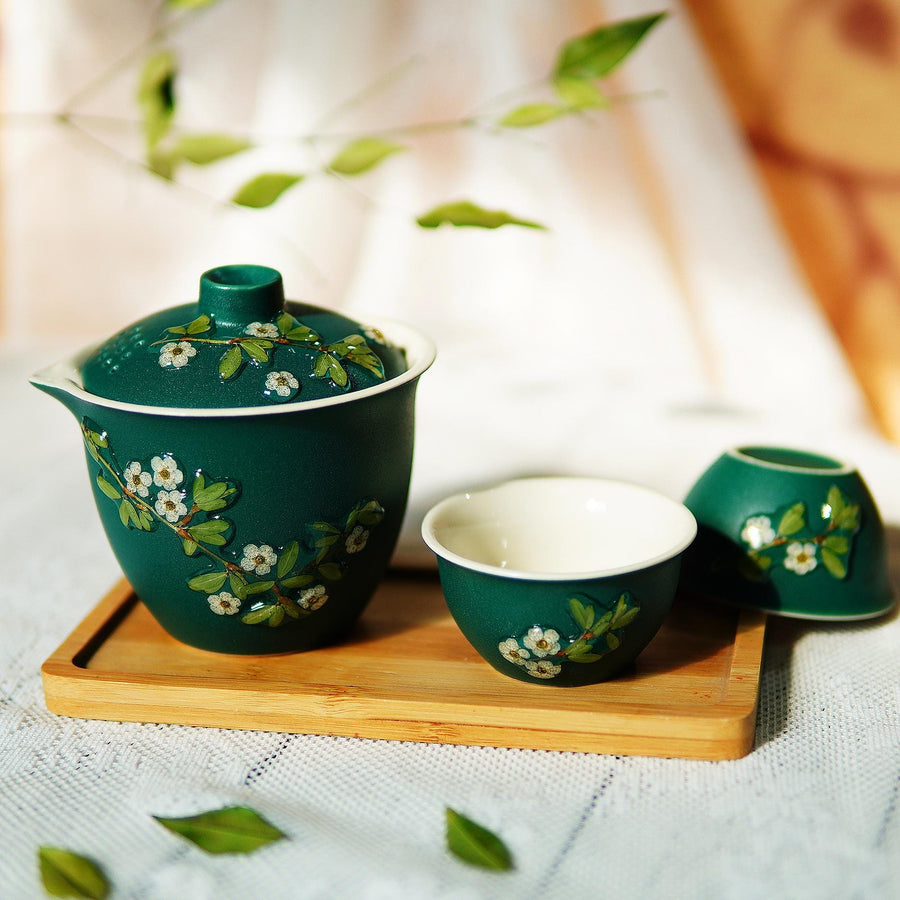 Handcrafted Black Ceramic Tea Set with Preserved Flower Petals