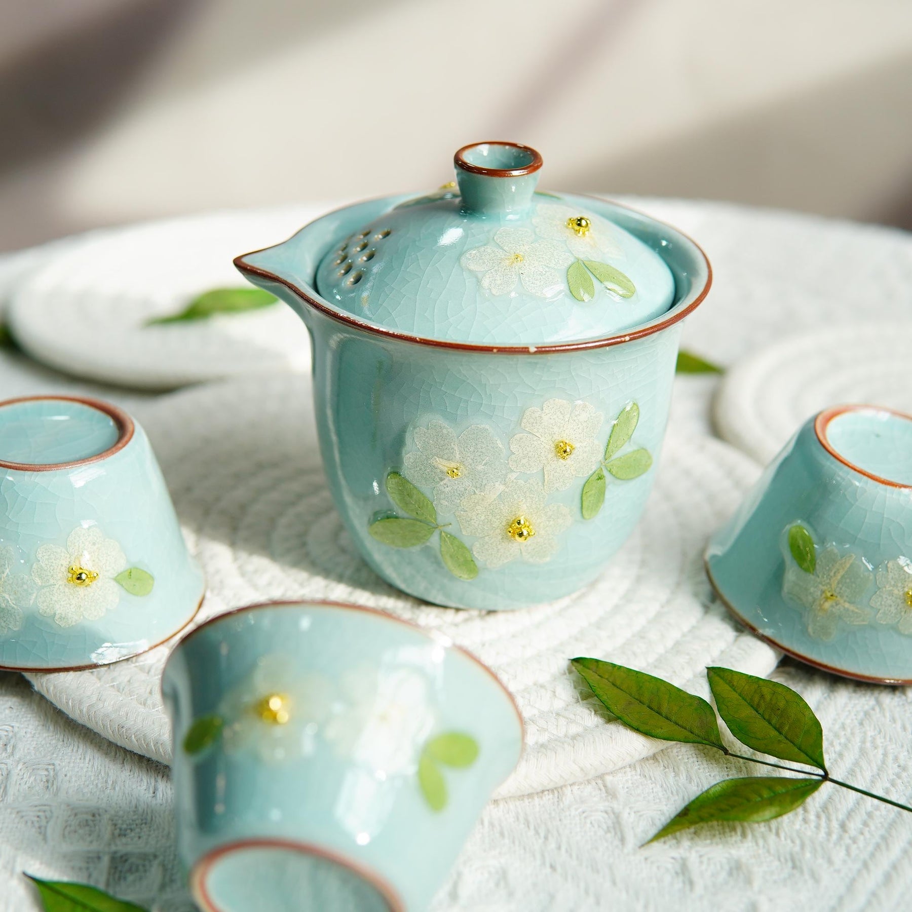 Handcrafted Ruyao Teaware with Real Flower Design — Ice Crack Teapot & Cups