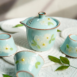 Handcrafted Ruyao Teaware with Real Flower Design — Ice Crack Teapot & Cups