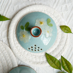 Handcrafted Ruyao Teaware with Real Flower Design — Ice Crack Teapot & Cups