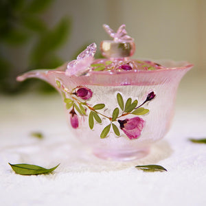 Handcrafted Gradient Pink Butterfly Glass Cup with Lid