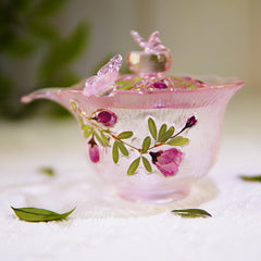 Handmade Gradient Pink Butterfly Glass Cup with Lid | Real Preserved Flowers, Botanical Tea Gift