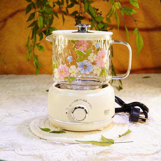 Handmade Floral Glass Electric Tea Cup Set â€?Preserved Flowers, Herbal Infusions, Wellness Ritual