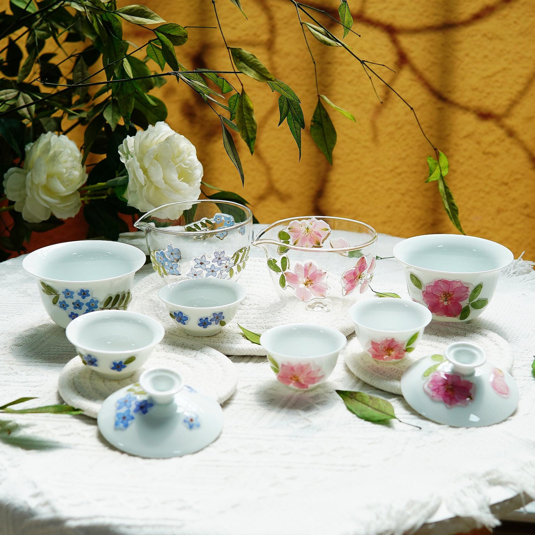 Handcrafted Bone China Tea Set with Preserved Flowers