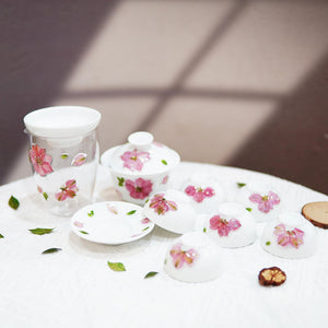 Handcrafted Porcelain Tea Set — White Cherry Blossom Gaiwan & Cups with Preserved