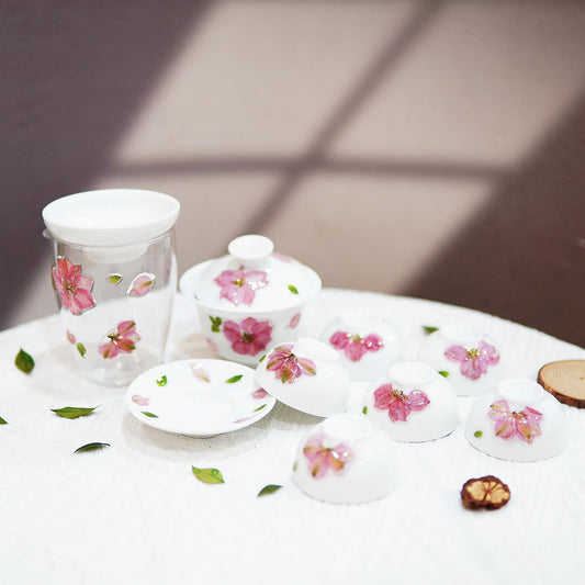 Handmade Porcelain Tea Set | White Cherry Blossom Gaiwan & Cups with Preserved Flowers
