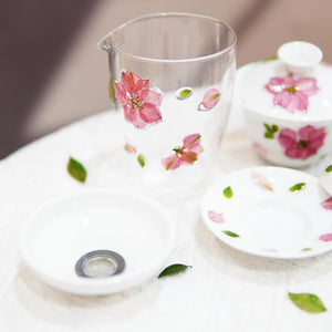 Handcrafted Porcelain Tea Set — White Cherry Blossom Gaiwan & Cups with Preserved