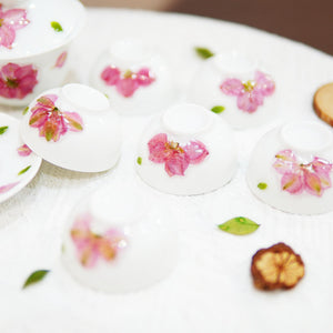 Handcrafted Porcelain Tea Set — White Cherry Blossom Gaiwan & Cups with Preserved