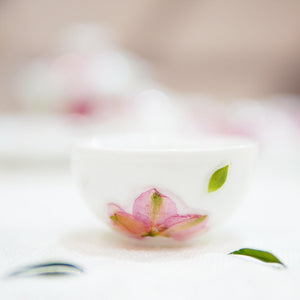 Handcrafted Porcelain Tea Set — White Cherry Blossom Gaiwan & Cups with Preserved