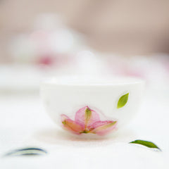 Handmade Porcelain Tea Set | White Cherry Blossom Gaiwan & Cups with Preserved Flowers