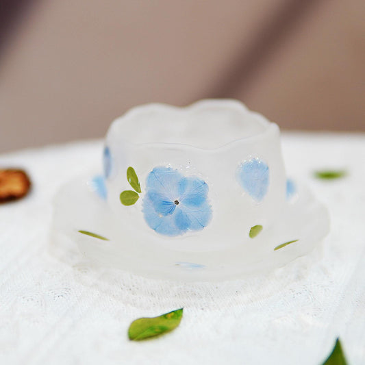 Handmade Glass Tea Cup Set with Preserved Peacock Hydrangea â€?Eco Floral Art Teaware