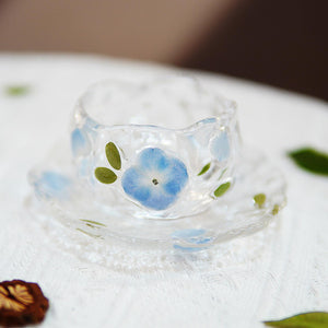 Handcrafted Glass Tea Cup Set with Preserved Peacock Hydrangea