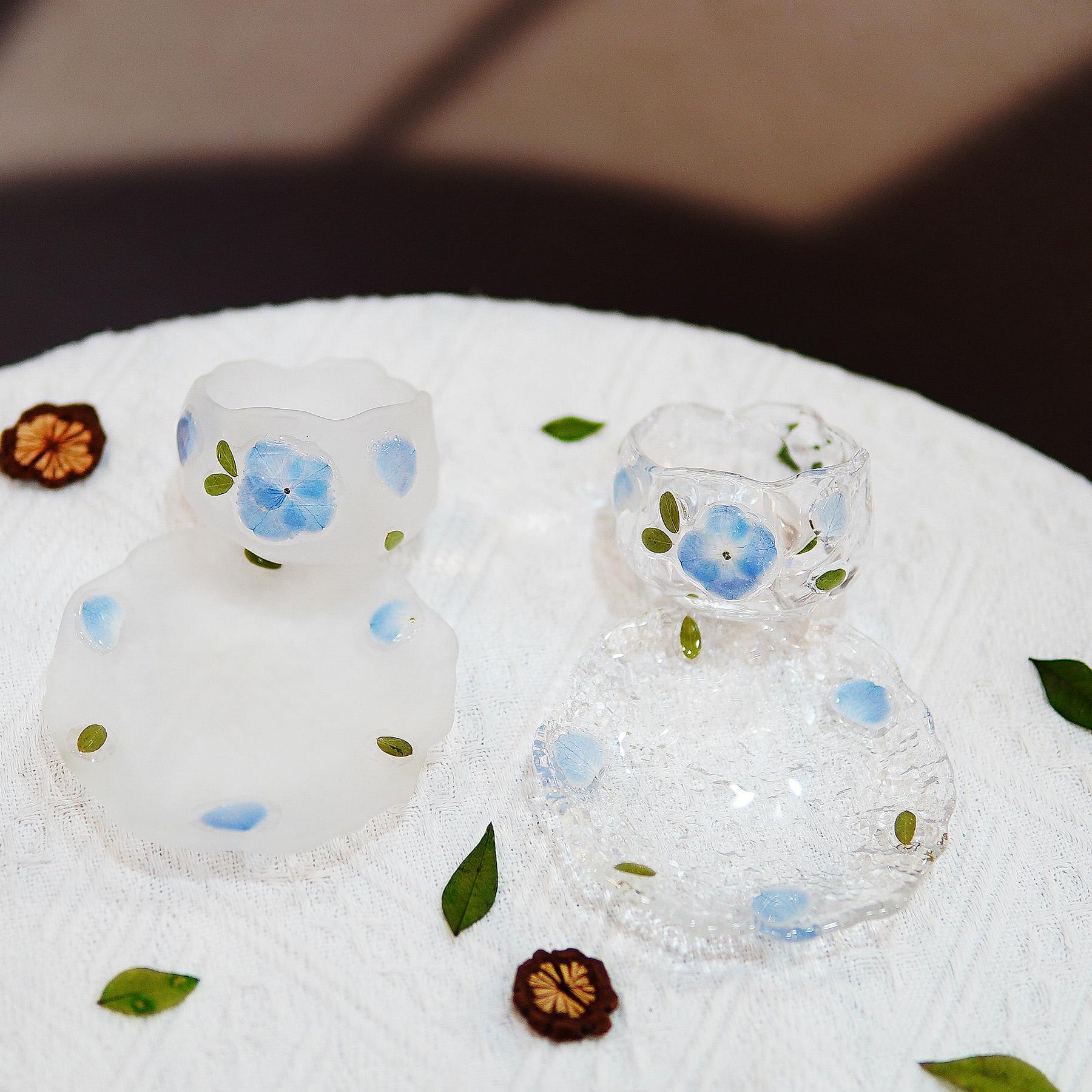 Handcrafted Glass Tea Cup Set with Preserved Peacock Hydrangea