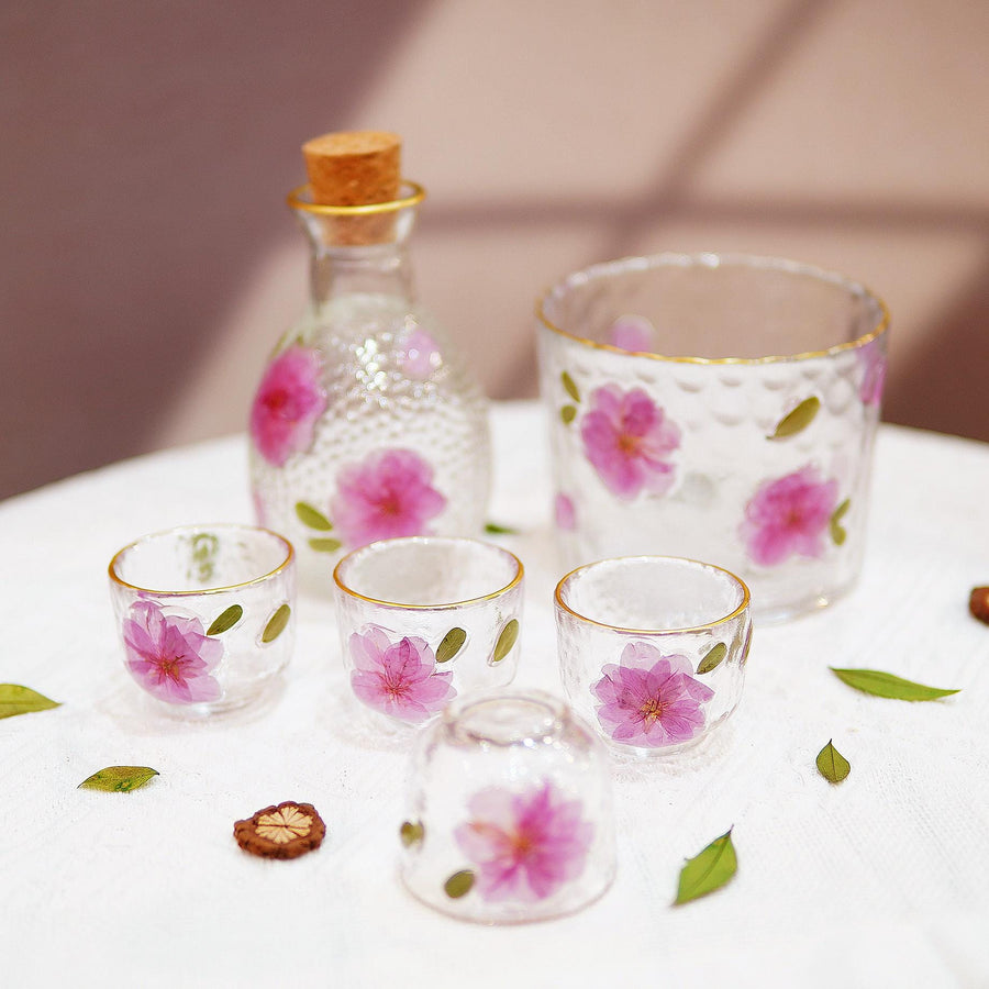Handcrafted Sake Set with Real Preserved Peach Blossoms