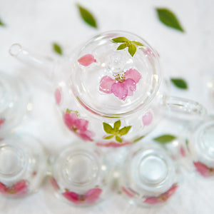 Handcrafted Pressed Flower Glass Tea Set, Teapot and Cups, Botanical Drinkware