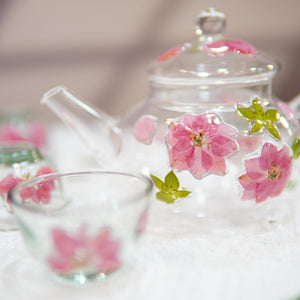 Handcrafted Pressed Flower Glass Tea Set, Teapot and Cups, Botanical Drinkware