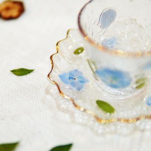 Handcrafted Floral Resin Tea Cup Saucer Set — Gold Rim Glass Gaiwan