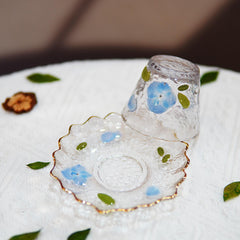 Handcrafted Floral Resin Tea Cup Saucer Set | Gold Rim Glass Gaiwan