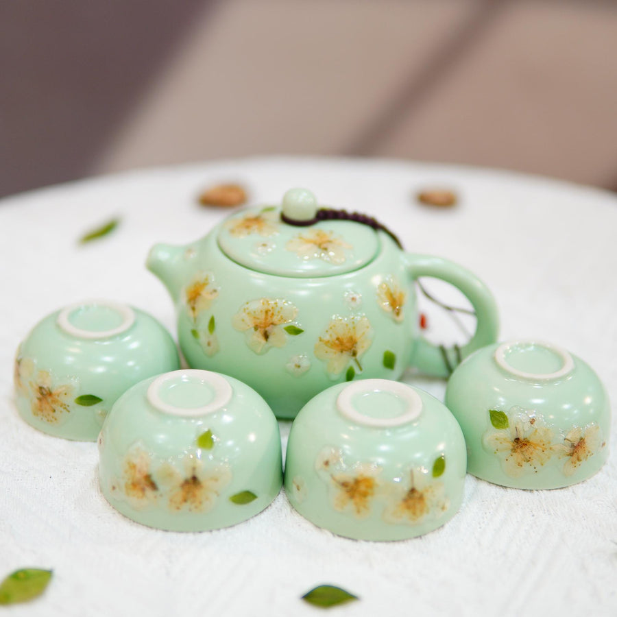 Handcrafted Celadon Tea Set, Real Pressed Jasmine Flowers, Porcelain Teapot Cups