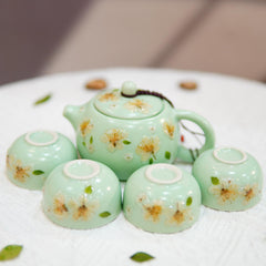 Handmade Celadon Tea Set, Real Pressed Jasmine Flowers, Eco-Friendly Porcelain Teapot Cups
