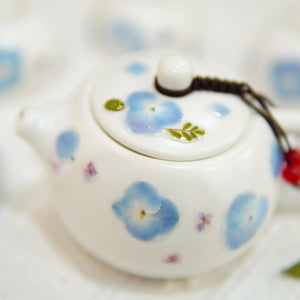 Handcrafted Porcelain Tea Set, Real Pressed Blue Hydrangeas