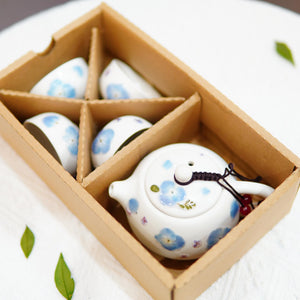 Handcrafted Porcelain Tea Set, Real Pressed Blue Hydrangeas