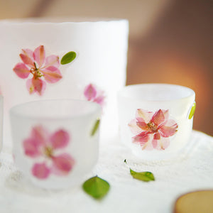 Handcrafted Frosted Sake Set with Pressed Cherry Blossoms, Botanical Carafe Cups