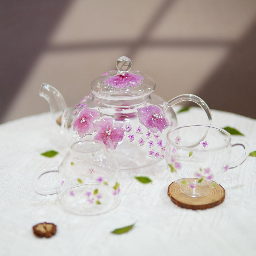 Handcrafted Pressed Flower Glass Teapot and Cup Set — Botanical Tea Gift