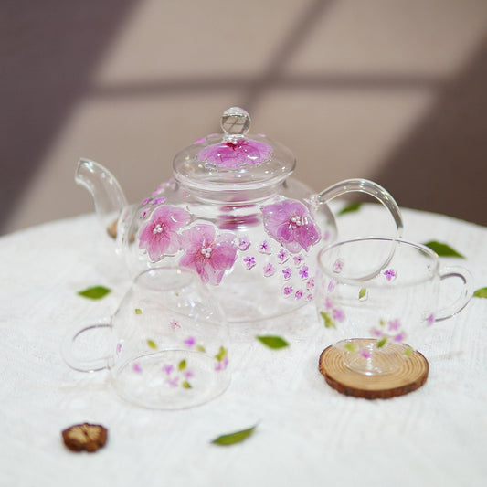 Handmade Pressed Flower Glass Teapot and Cup Set â€?Botanical Tea Gift