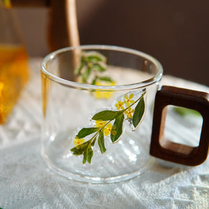 Handcrafted Glass Mug with Walnut Handle and Real Pressed Flowers