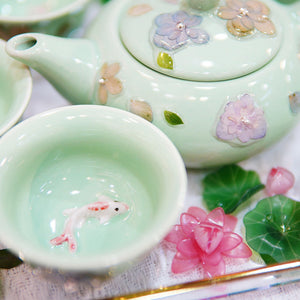 Handcrafted Celadon Tea Set, 3D Koi Fish Porcelain Teapot Cups