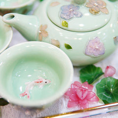Handmade Celadon Tea Set, 3D Koi Fish Porcelain Teapot Cups, Pressed Floral Zen Gift