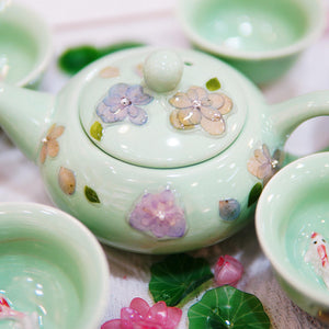 Handcrafted Celadon Tea Set, 3D Koi Fish Porcelain Teapot Cups