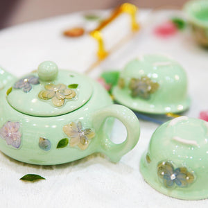 Handcrafted Celadon Tea Set, 3D Koi Fish Porcelain Teapot Cups