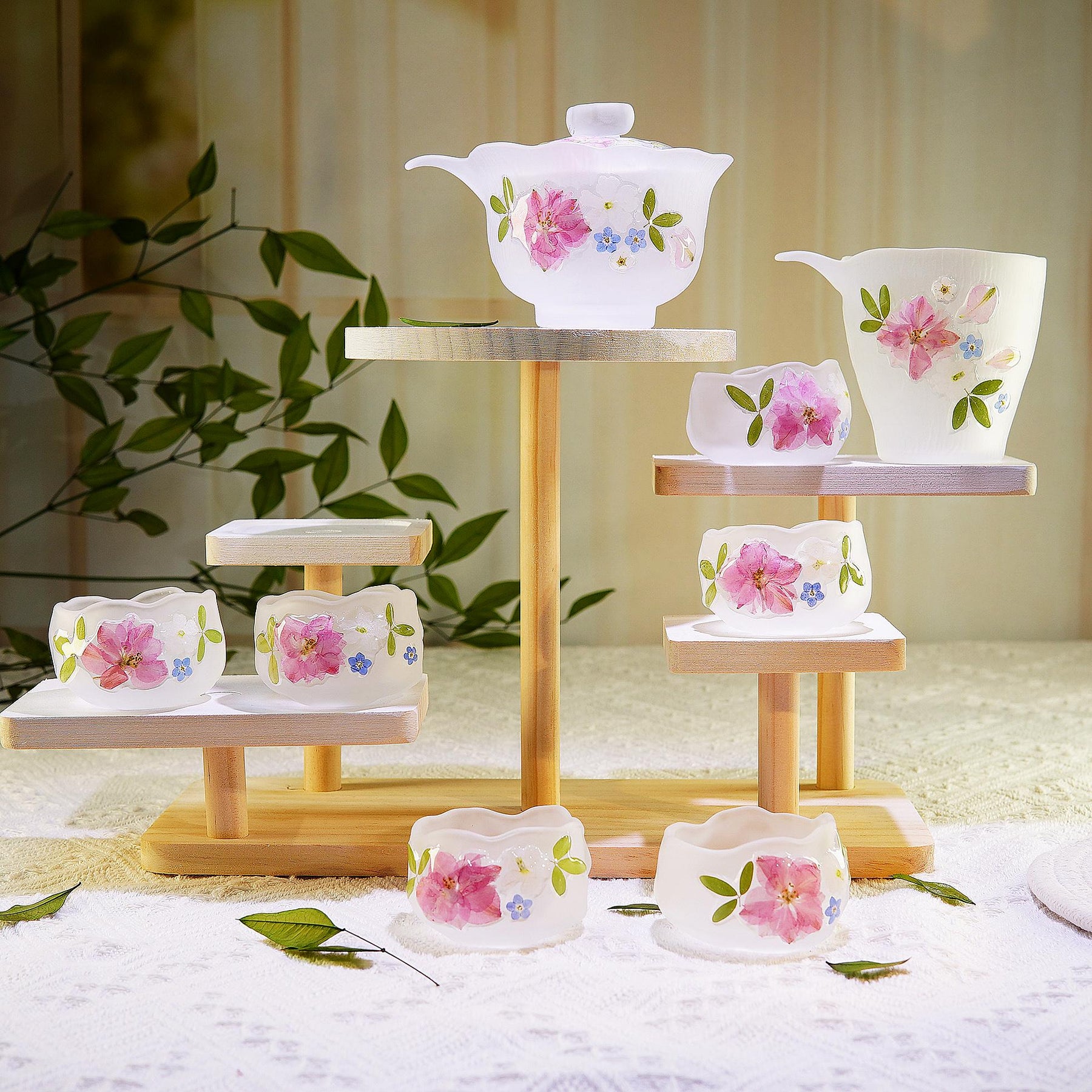 Gradient Pink Butterfly Glass Cup — Real Preserved Flowers, Botanical Tea Mug