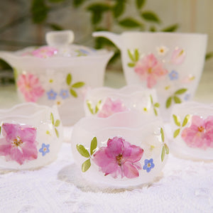 Gradient Pink Butterfly Glass Cup — Real Preserved Flowers, Botanical Tea Mug