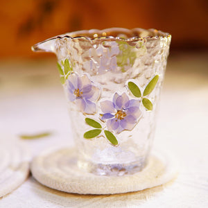 Handcrafted Hammered Glass Tea Set, Real Pressed Flowers, Gold Rim Gaiwan & Cups