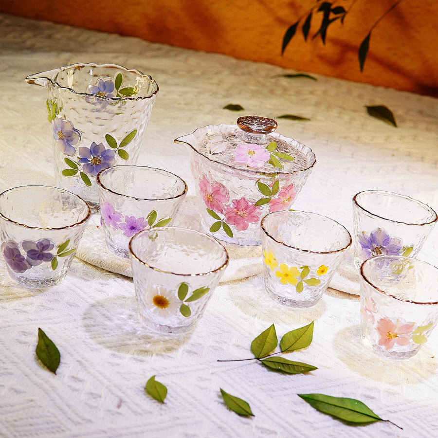 Handcrafted Hammered Glass Tea Set, Real Pressed Flowers, Gold Rim Gaiwan & Cups