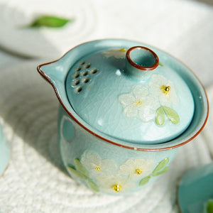 Handcrafted Ruyao Teaware with Real Flower Design — Ice Crack Teapot & Cups