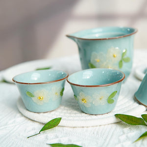 Handcrafted Ruyao Teaware with Real Flower Design — Ice Crack Teapot & Cups