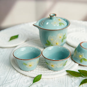 Handcrafted Ruyao Teaware with Real Flower Design — Ice Crack Teapot & Cups