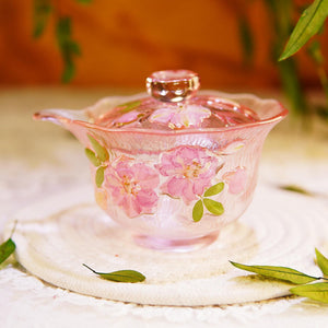 Handcrafted Pink Sakura Glass Tea Set — Cup with Real Preserved Flowers