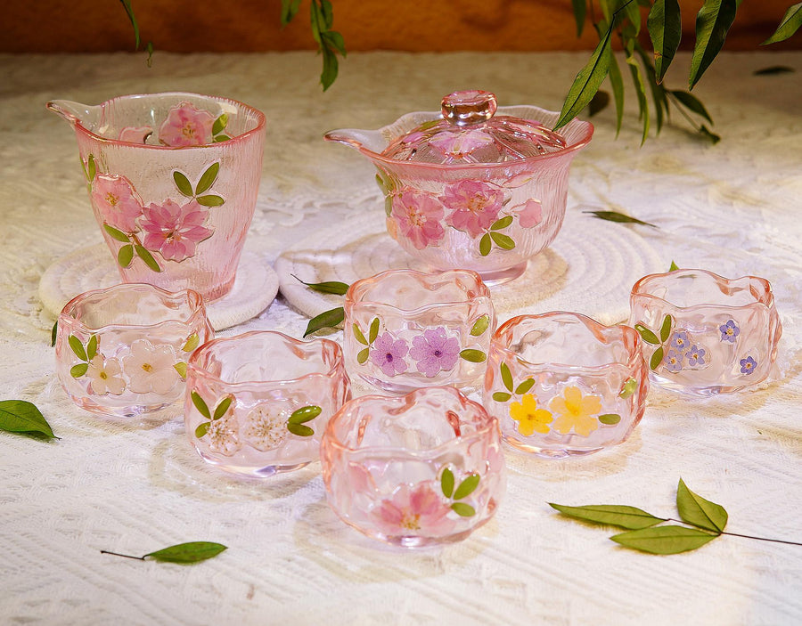 Handcrafted Pink Sakura Glass Tea Set — Cup with Real Preserved Flowers
