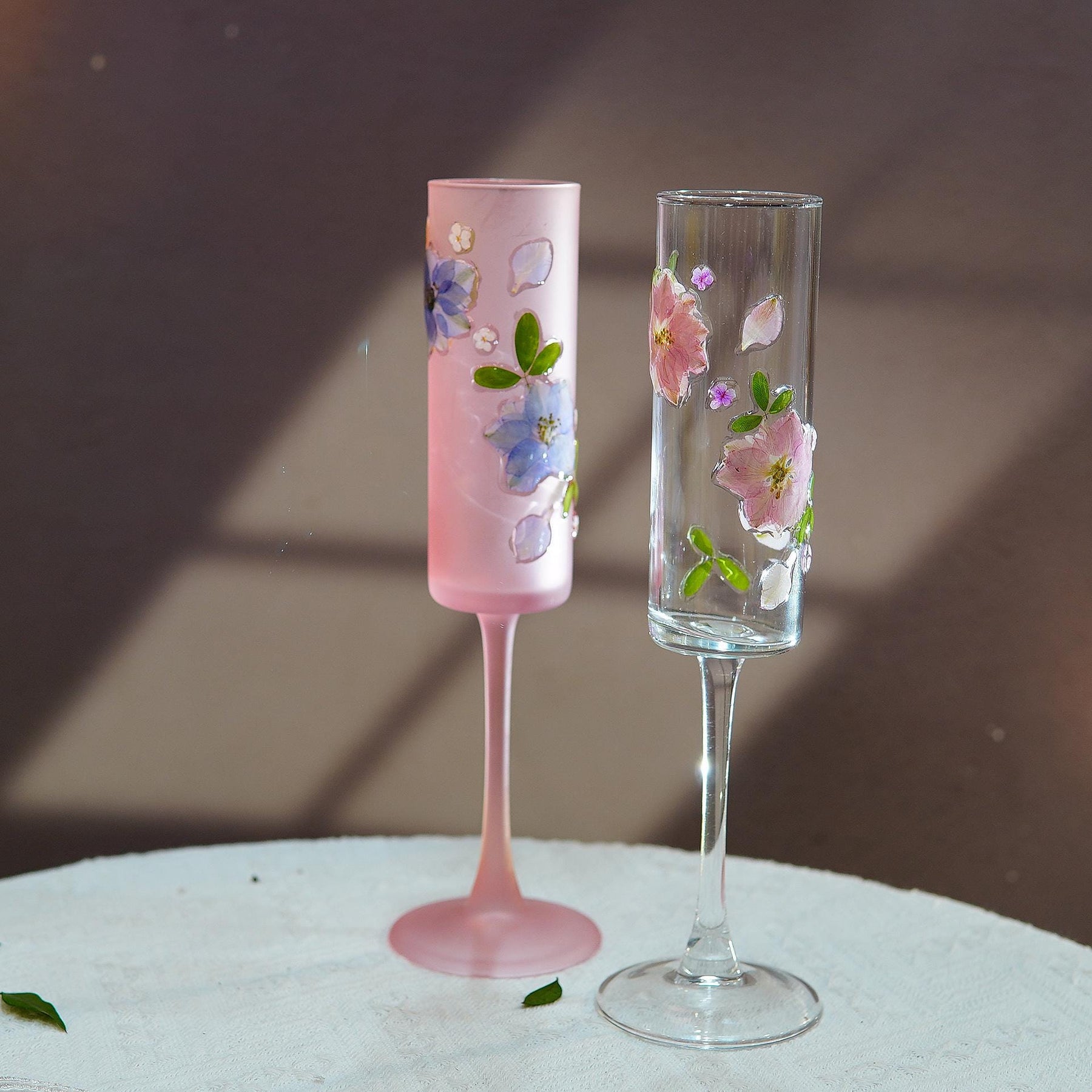 Handcrafted Frosted Pink Sakura Glass — Pressed Flower Eco Resin Floral Drinkware