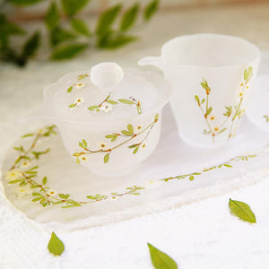 Handcrafted Frosted Pearl Plum Blossom Tea Set — Preserved Flower Glass Teacups