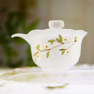 Handcrafted Frosted Pearl Plum Blossom Tea Set — Preserved Flower Glass Teacups