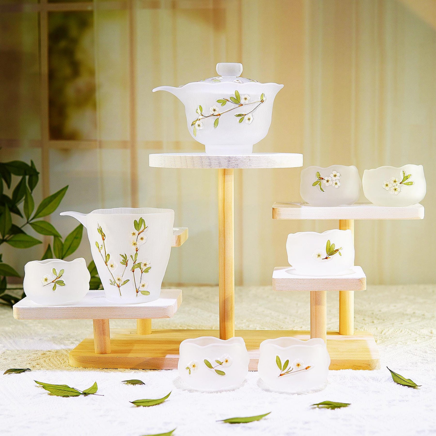 Handcrafted Frosted Pearl Plum Blossom Tea Set — Preserved Flower Glass Teacups