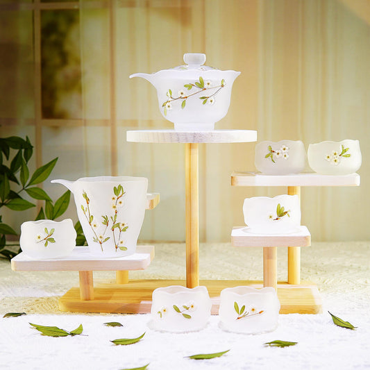 Handmade Frosted Pearl Plum Blossom Tea Set – Eco-Friendly Preserved Flower Glass Teacups